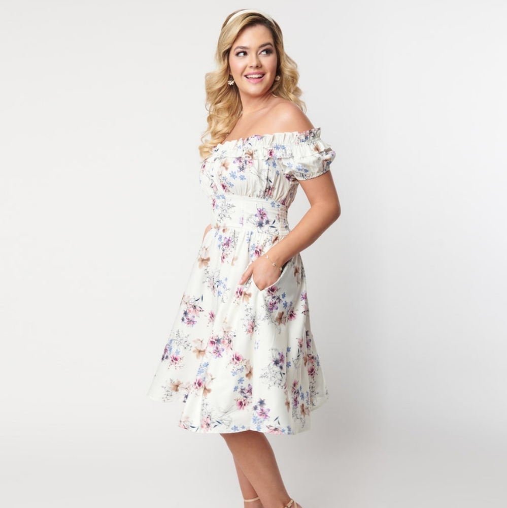 Unique Vintage Ivory Floral Off the Shoulder Ruffle Swing Dress